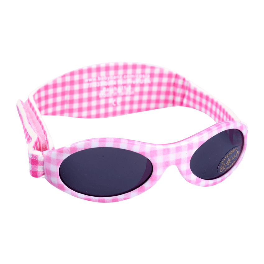 Baby Banz / Kidz Banz solglasögon för barn och baby. Rutigt mönster i rosa och vitt.